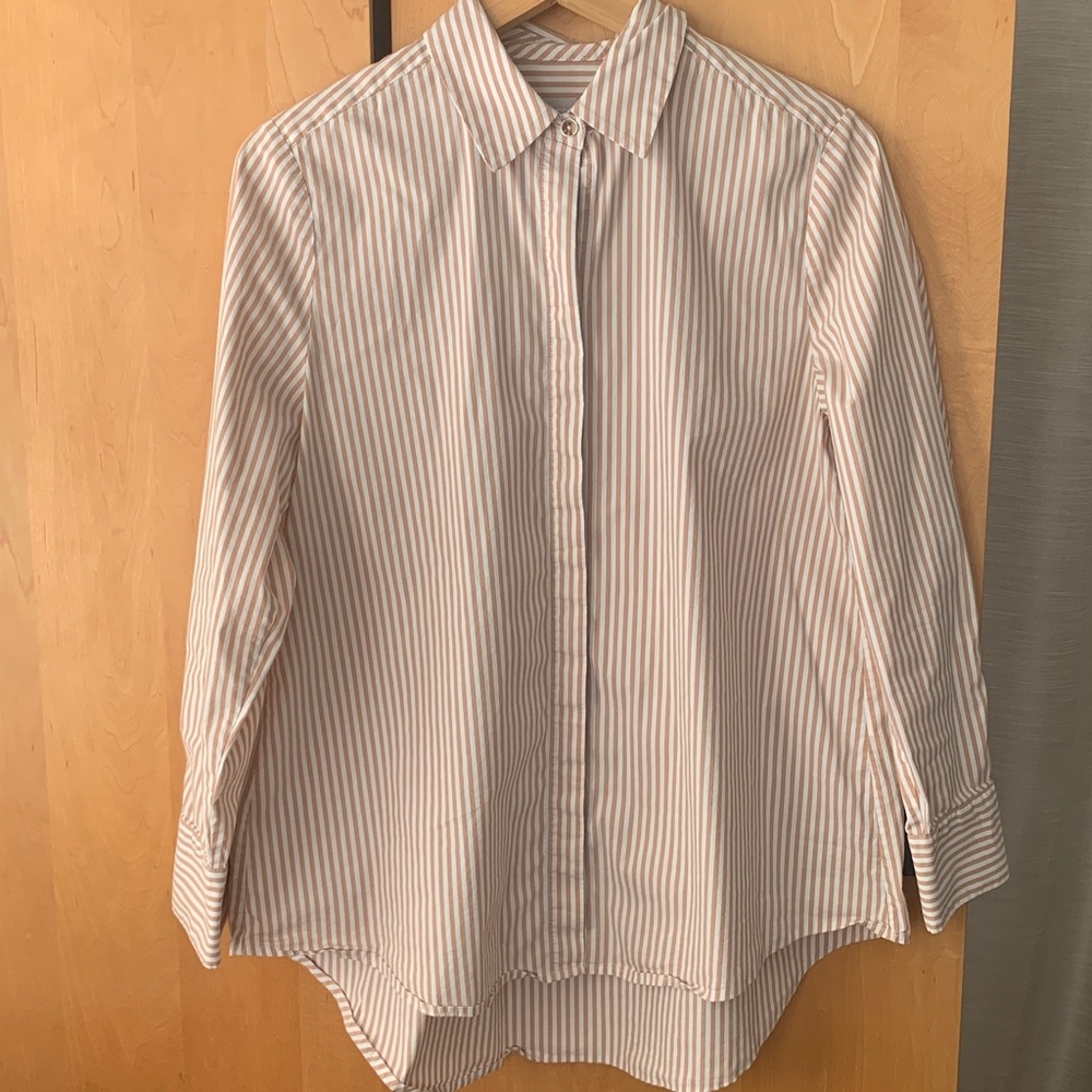 Chicos Poplin tan white Striped Tunic button down Shirt size 0.5 (6)